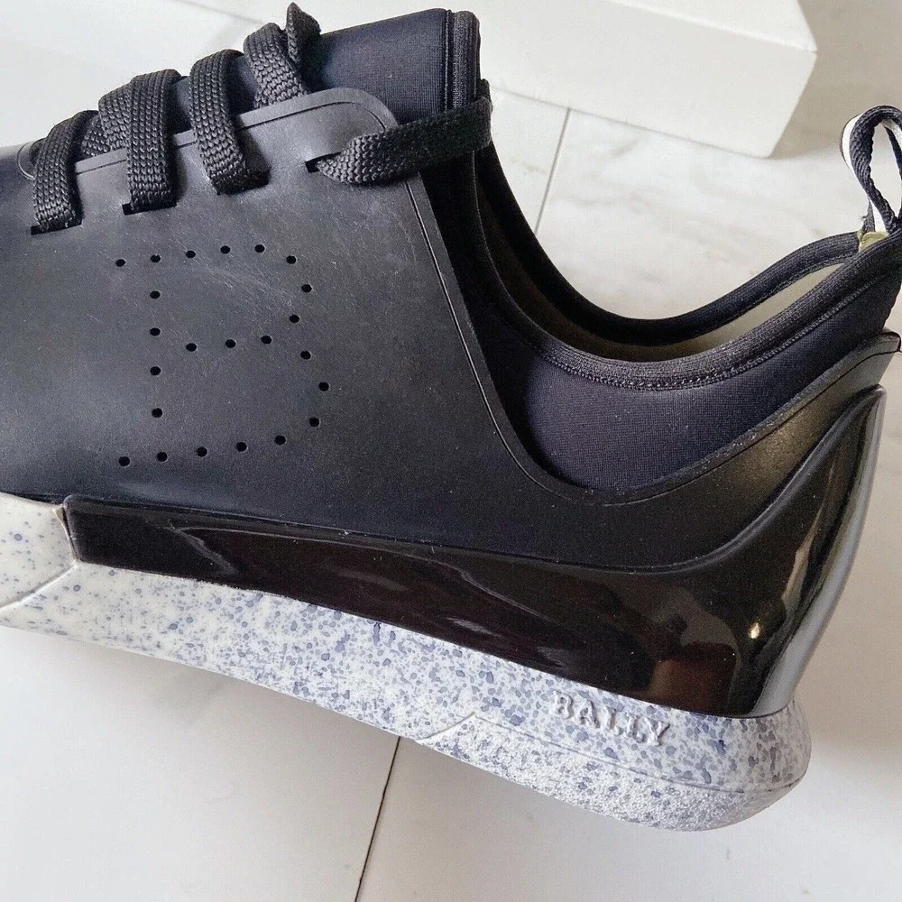NEW BALLY Mens Logo Avro Leather & Neoprene Lace Up Trainer Sneakers Black US 8